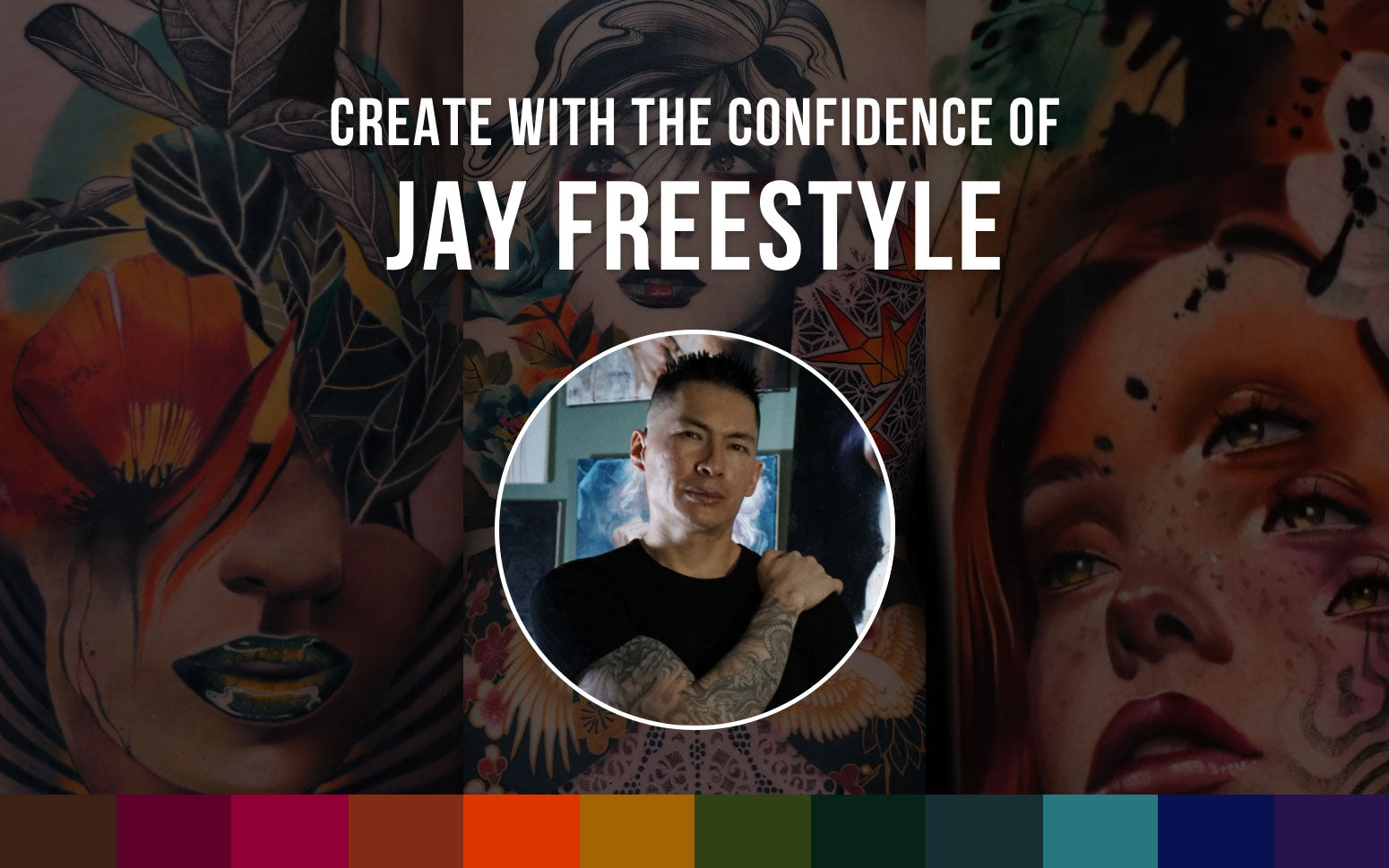 Promotional graphic featuring a circular portrait of tattoo artist Jay Freestyle over a background of his colorful surrealist tattoos, with the text 
