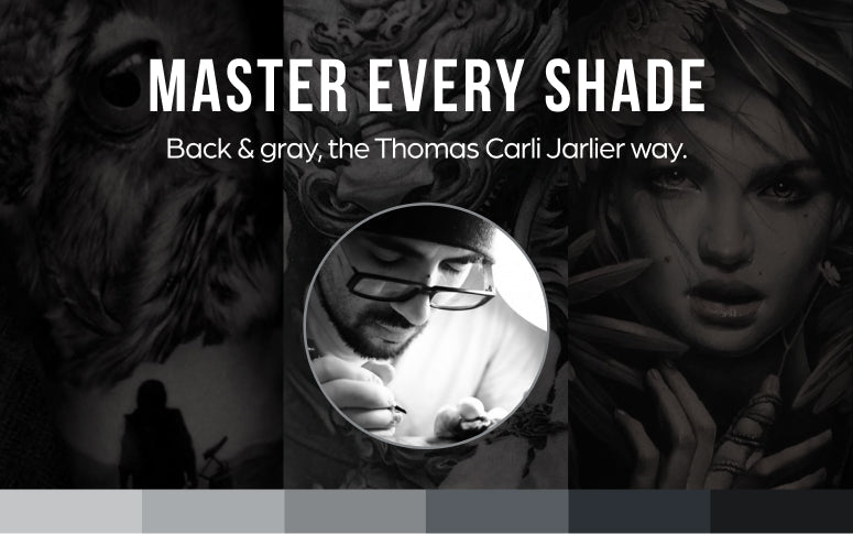 Promotional blog graphic featuring tattoo artist Thomas Carli Jarlier with text reading 