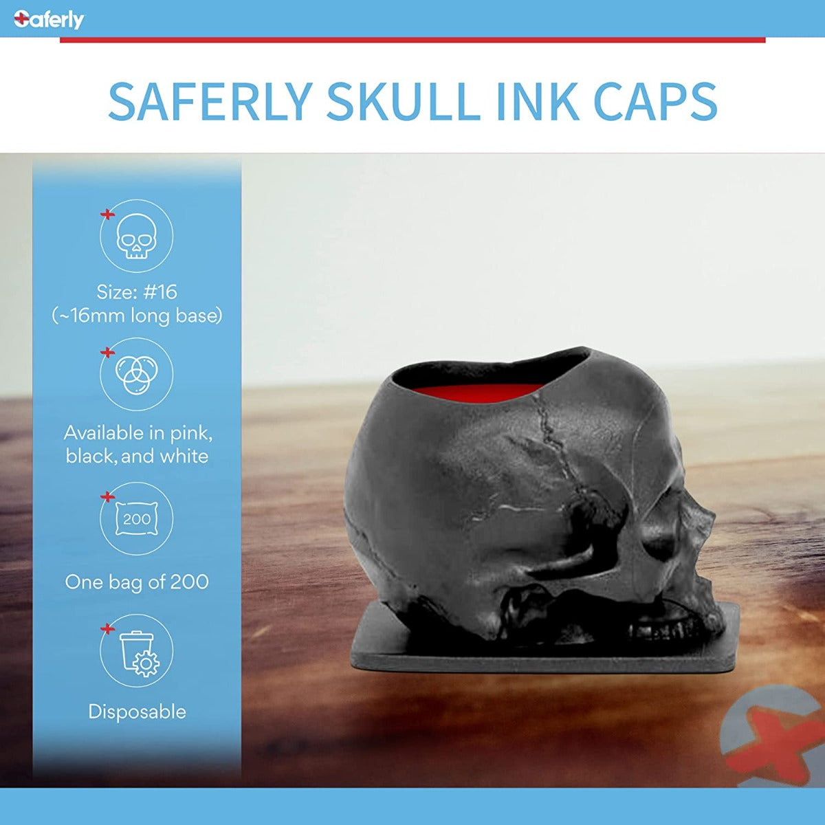 Saferly Skull Ink Caps — Size #16 (Large) — Bag of 200 - World Famous Tattoo Ink