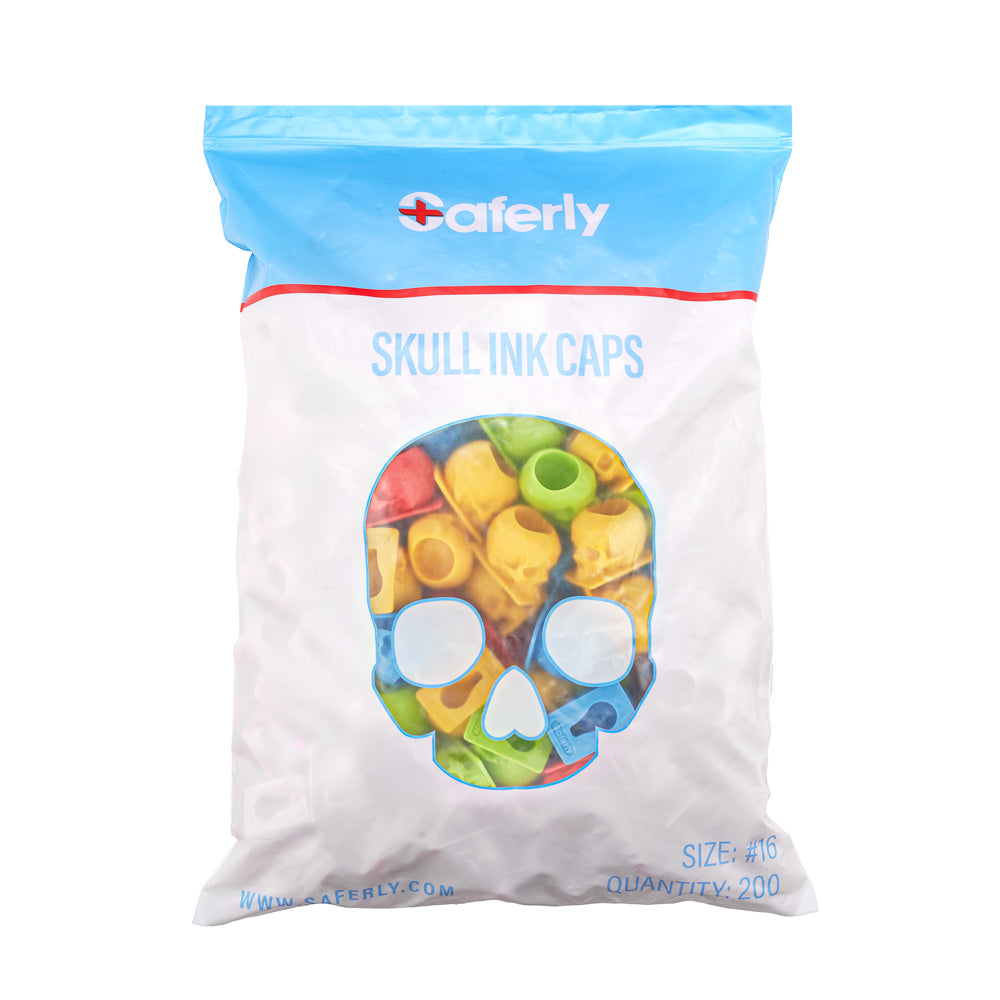 Saferly Skull Silicone Ink Caps —Size #16 (Large) — Bag of 200  — Pick Color - World Famous Tattoo Ink