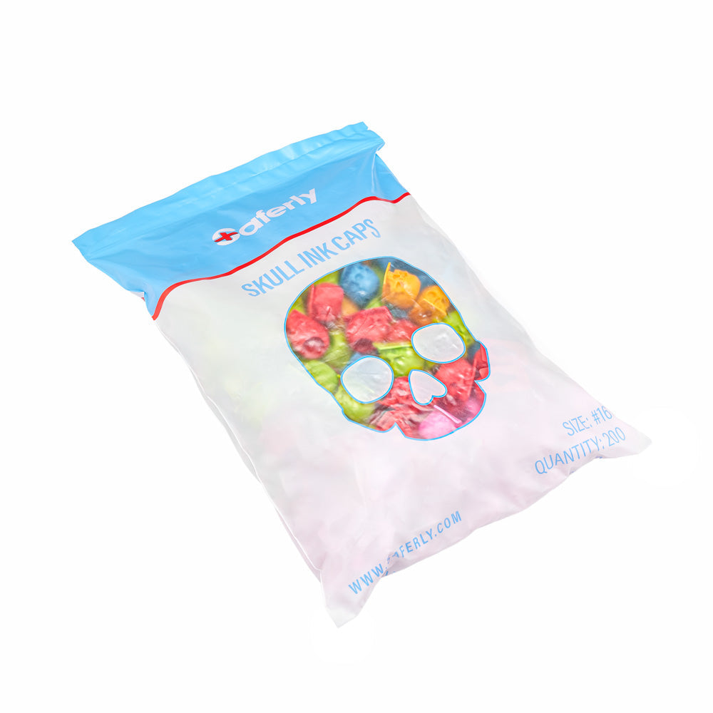 Saferly Skull Silicone Ink Caps —Size #16 (Large) — Bag of 200  — Pick Color - World Famous Tattoo Ink